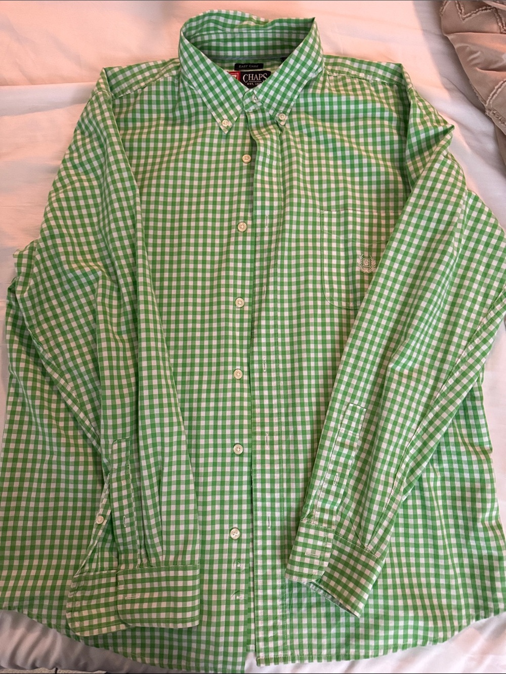 Chaps Green and White Gingham Button-Down Shirt